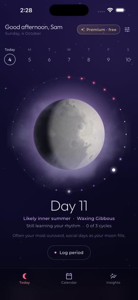 The Liora home screen with a moon dial, cycle day, phase, and prediction